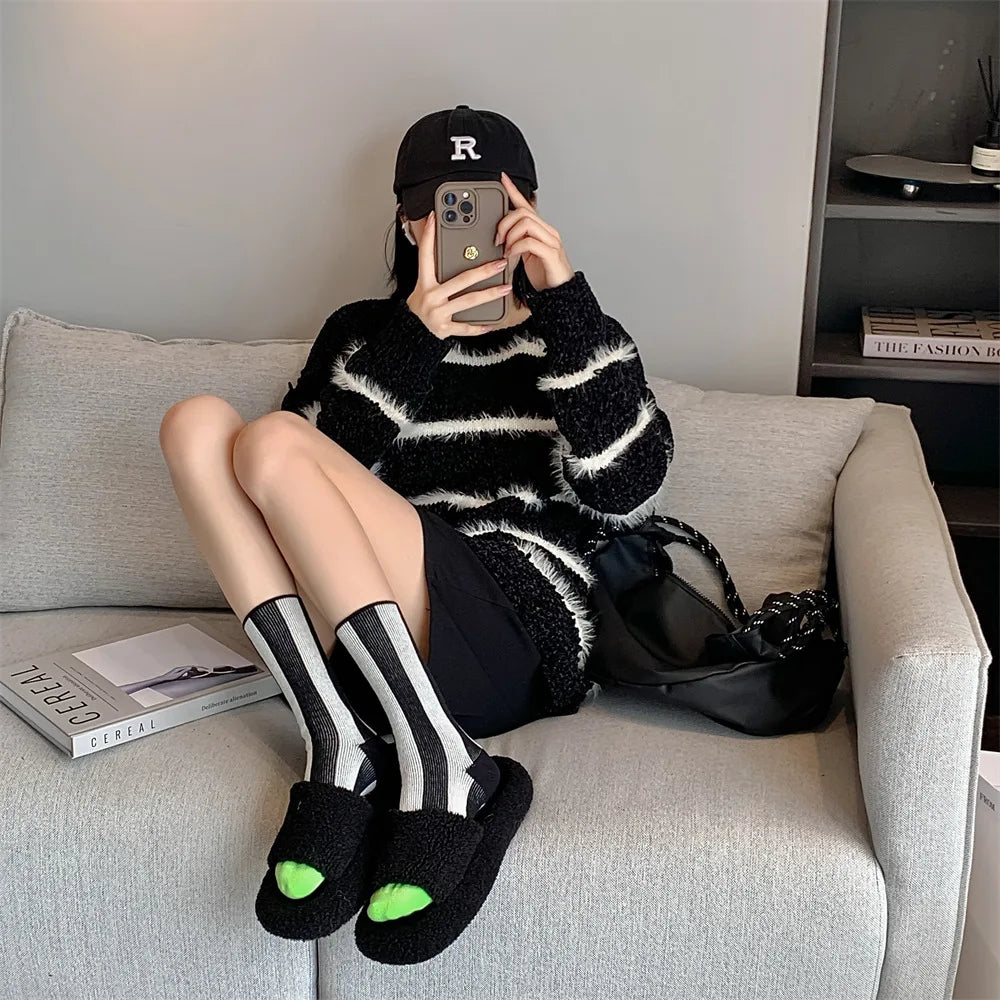 Striped Funny Crew Socks | Korean Japanese Unisex Fashion