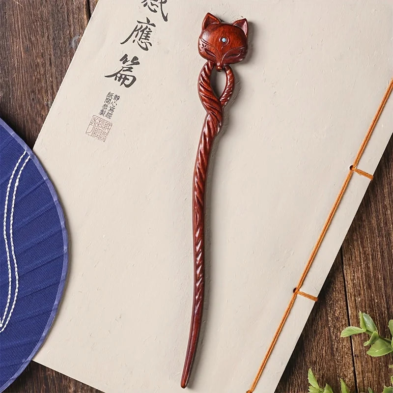 Elegant Vintage Fox Hairpin – Handcrafted Wooden Hair Stick with Gemstone Eyes Hair Stick Peaceful Pleasures Health and Wellness Spirit Fox Hairpin China Mainland