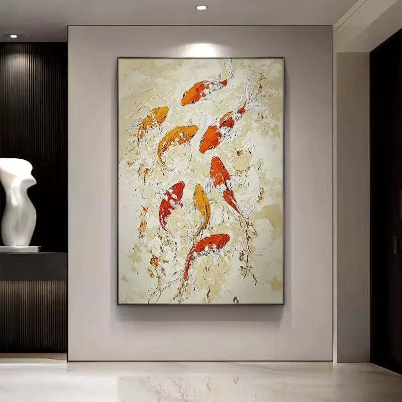 Modren Beautiful Home Wall Decor Pure Handmade Abstract Fishes Oil Painting On Canvas Poster Mural For Living Room Bedroom Porch Peaceful Pleasures Health and Wellness