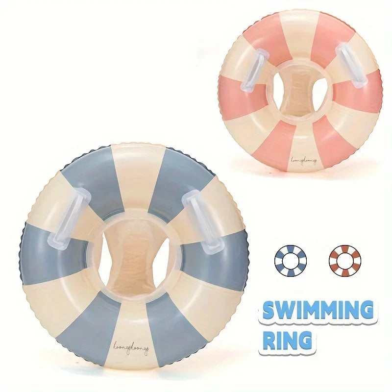 Kids' Vintage Striped Swim Ring with Handles – Blue & Pink