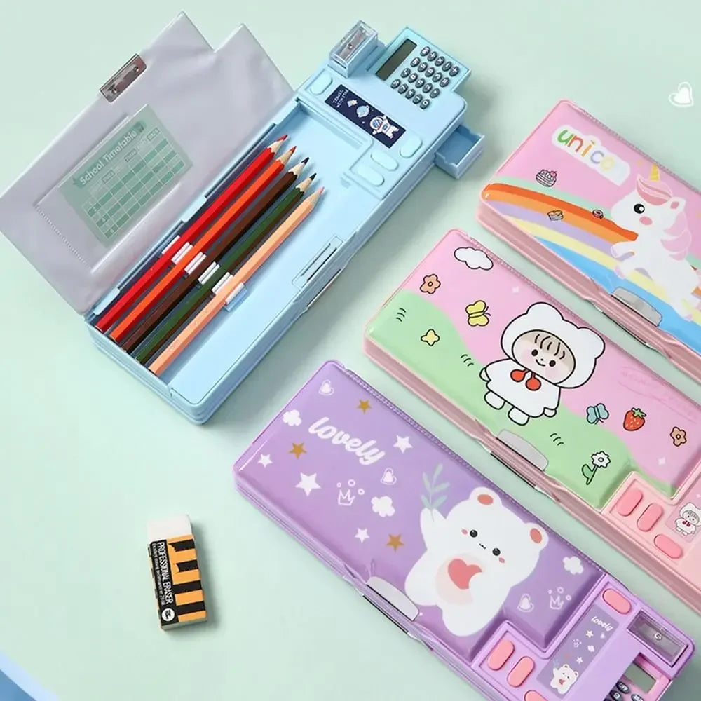 Double Layer Pencil Case Astronaut/Animal Design Pencil Sharpener Pencil Box Plastic With Calculator Stationery Organizer Peaceful Pleasures Health and Wellness