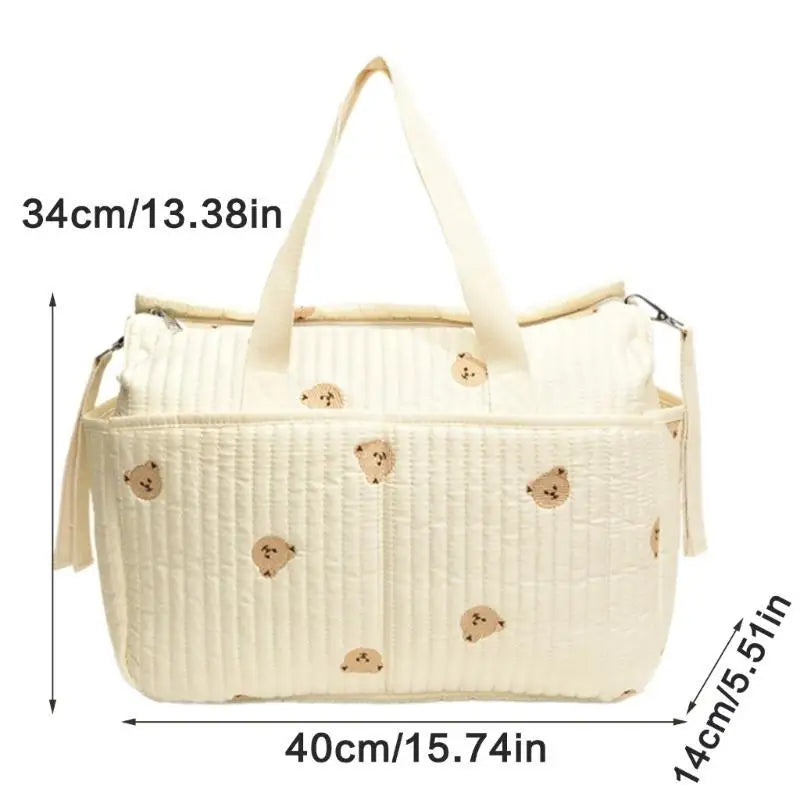 Floral & Bear Embroidery Baby Diaper Bag – Stylish Mom Handbag
