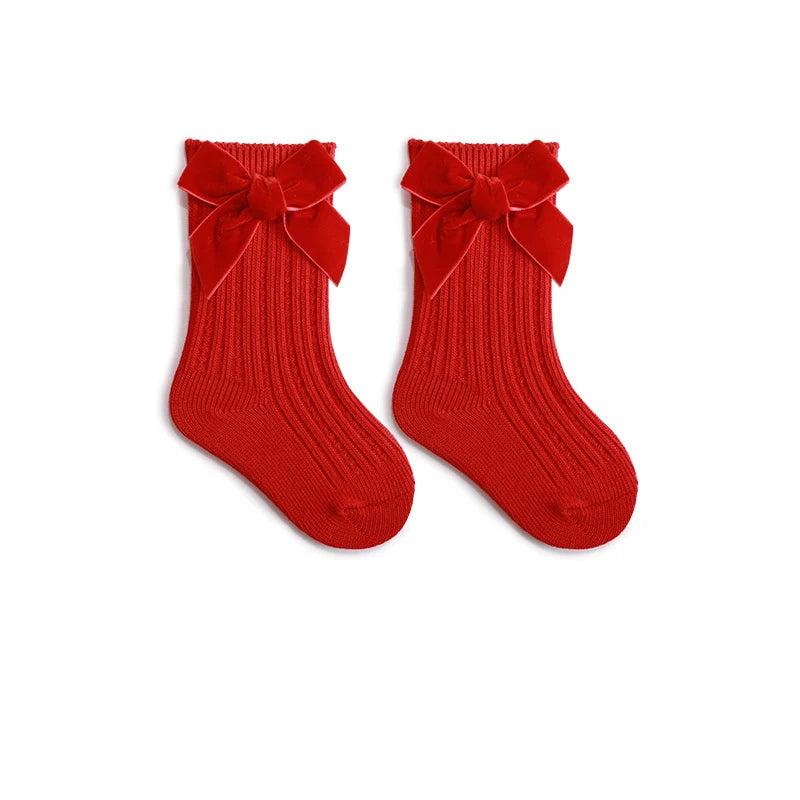 Baby Girls Christmas Knit Socks – Thick Bow Cotton, Ages 0–5Y