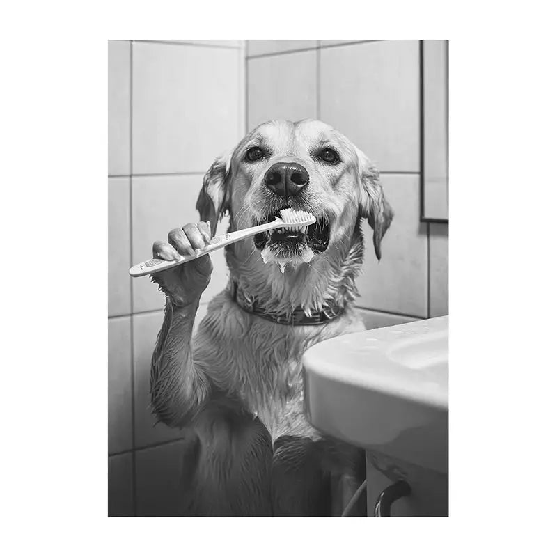 Funny Bathroom Animal Canvas Wall Art | Vintage Brushing Teeth