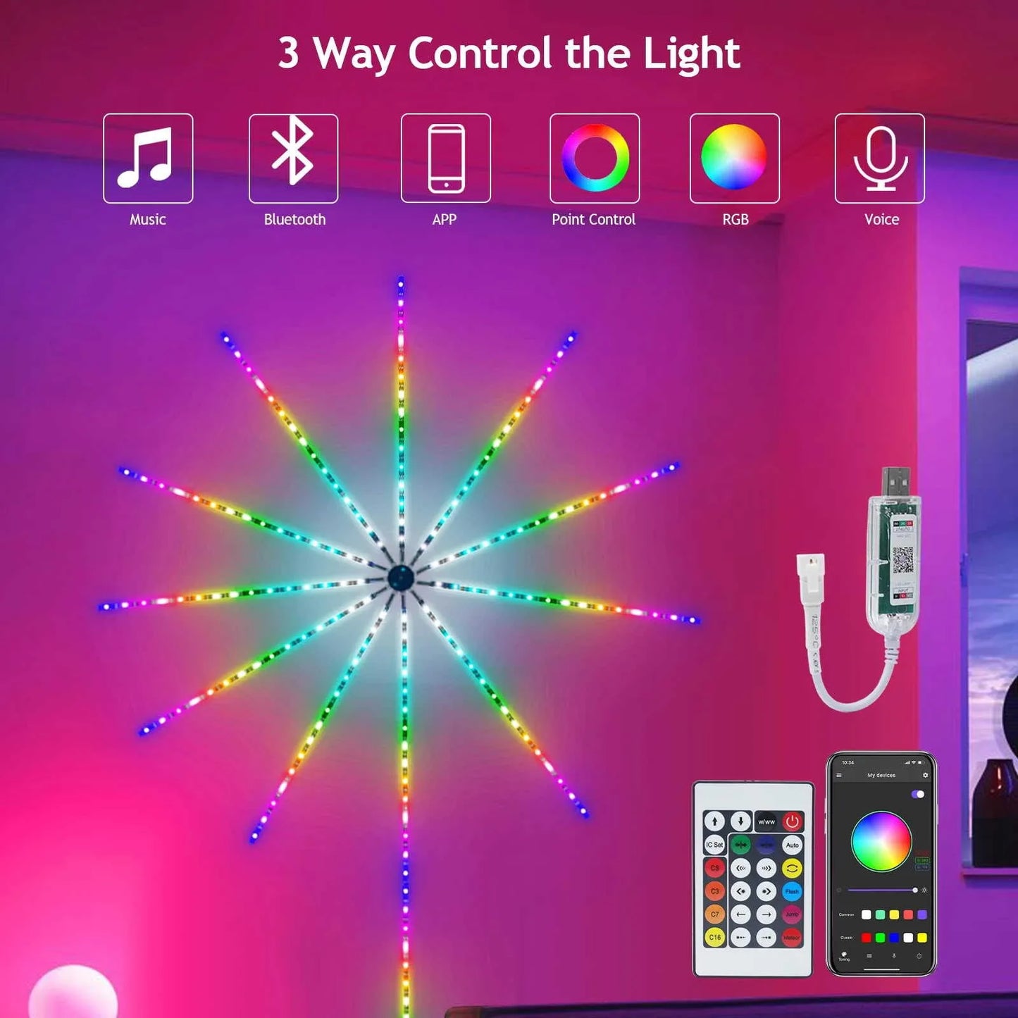 RGB Firework LED Strip Lights – App & Music Sync, 180 LEDs