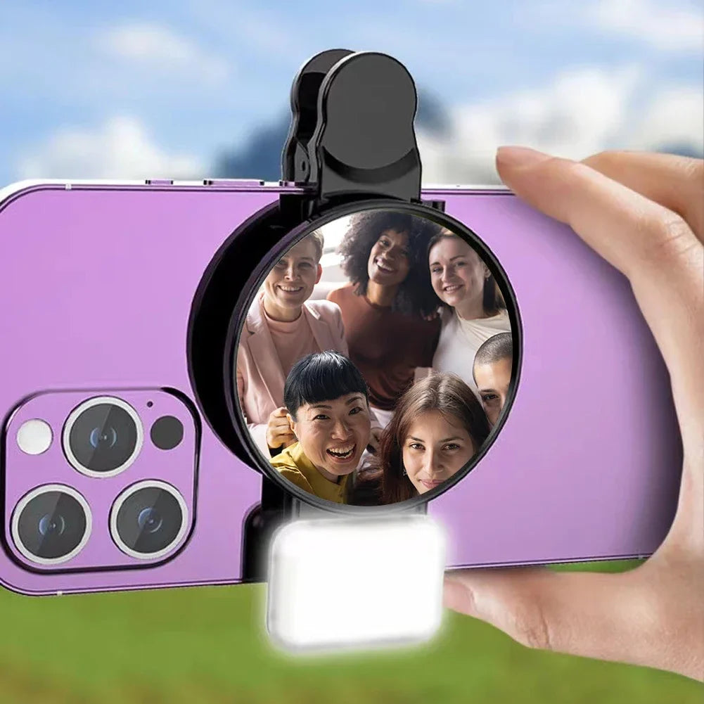 Clip-On Selfie Ring Mirror with Fill Light for Smartphone