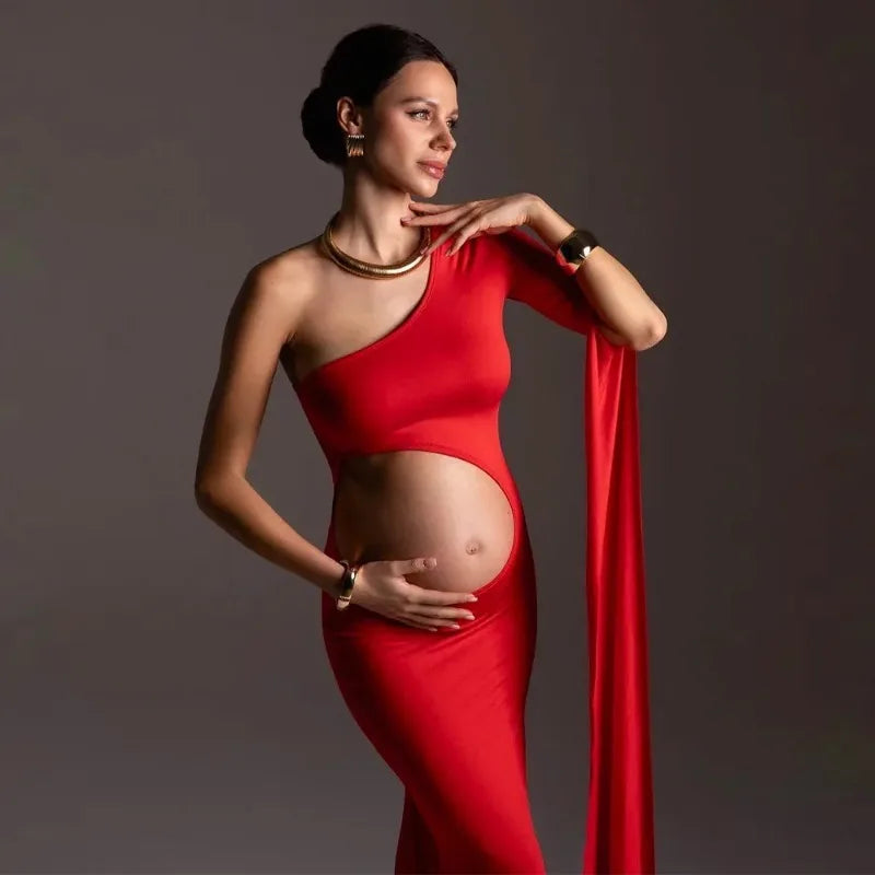 One Shoulder Red Maternity Dress Photoshoot - Sexy Hollow Out Gown, Baby Shower & Bold Pregnancy Photos,платье Для Беременных Peaceful Pleasures Health and Wellness