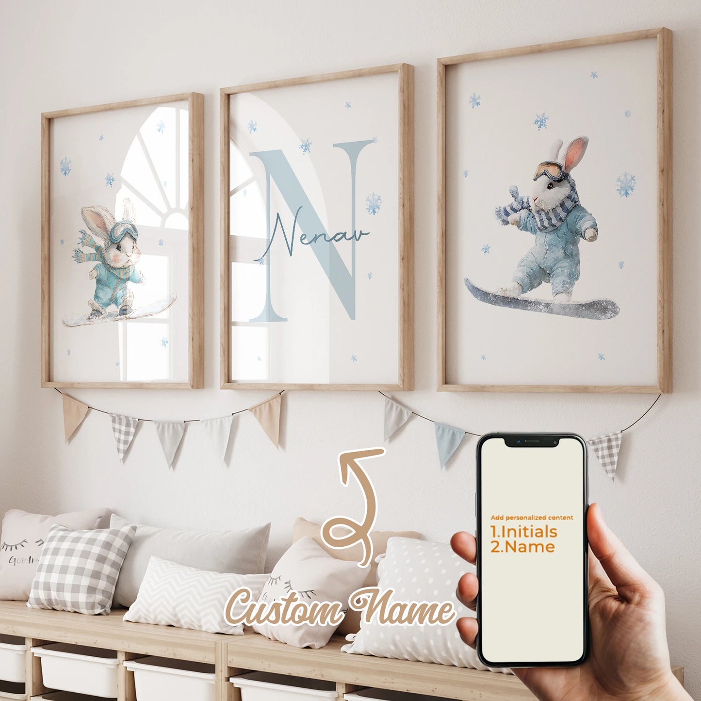 3-Piece Personalized Rabbit Canvas Wall Art | Kids Room Decor
