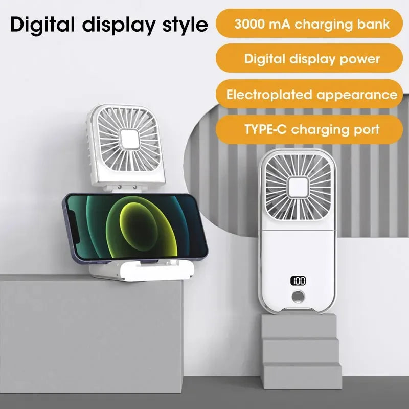 Portable 180° Rotation Neck Fan USB Rechargeable Foldable Mute Cooling Fan with Phone Holder Power Bank Digital Display Peaceful Pleasures Health and Wellness White