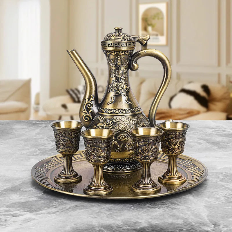 6 Pcs set Dragon and Phoenix Wine Set Tea Pot Home Party Decorative With 4 Cup Set Coffee Tea Serving Pot With Round Shaped Tray Peaceful Pleasures Health and Wellness bronze