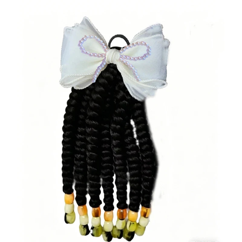 2pcs Toddler Girls Braided Wig Hair Extensions, Beaded Elastic Ponytail Holders,Organza Pearl Bow Clip, Princess Hair Ornaments Peaceful Pleasures Health and Wellness bow ponytail 2