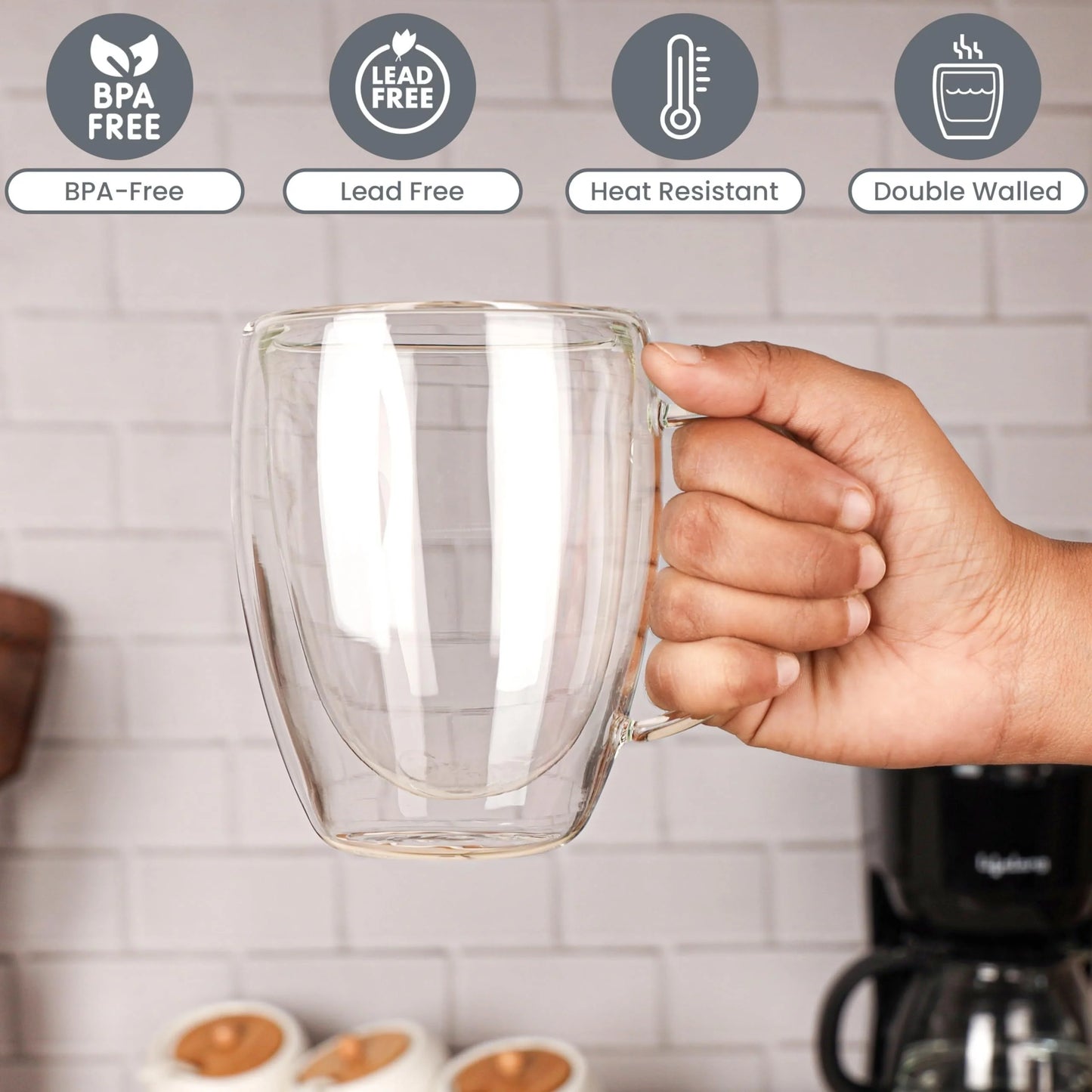 KEMORELA 350ml Double Wall Glass Coffee Mugs with Handle | 2/4/6 Pack
