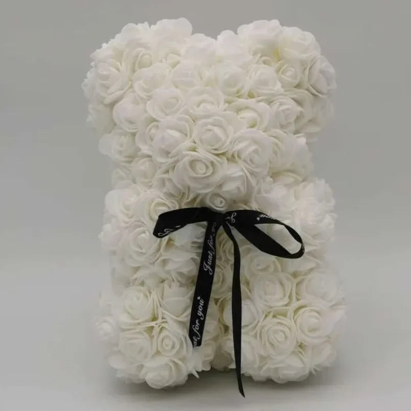 Romantic Rose Bear Eternal Flower Valentine's Day Gift, Christmas Wedding Floral Home Decor for Party Festival Decoration Peaceful Pleasures Health and Wellness White Doll Bear-1pc
