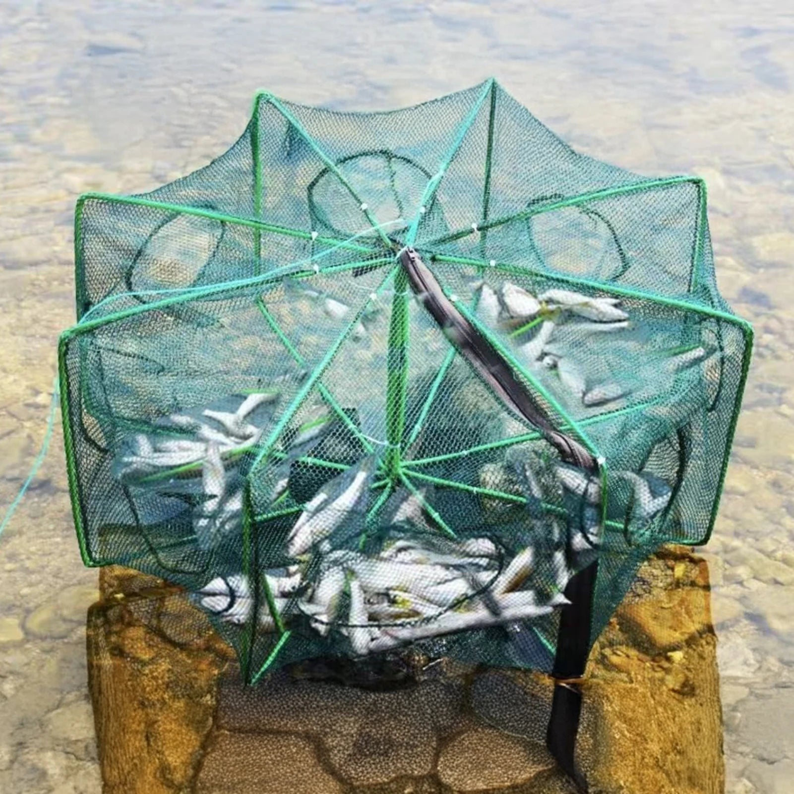 Collapsible Fishing Trap Nylon Minnow Basket for Lakes and Rivers Foldable Shrimp Crab Cage Portable Fish Net Tool Durable Peaceful Pleasures Health and Wellness