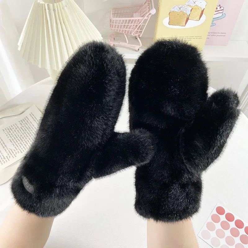 Winter New Arrival Simple Solid Color Thick Plush Warm Gloves Student Fashionable Cute Mittens Windproof Cold Proof Hand Warmers Peaceful Pleasures Health and Wellness black
