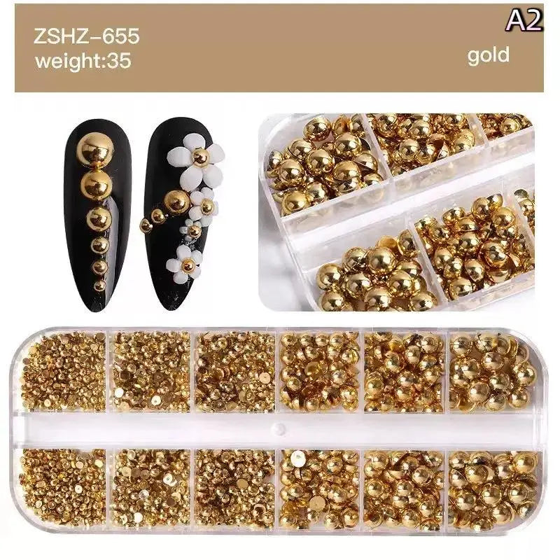 12-Grid Pearl Nail Charms Set – Gold & Silver Semi-Circular