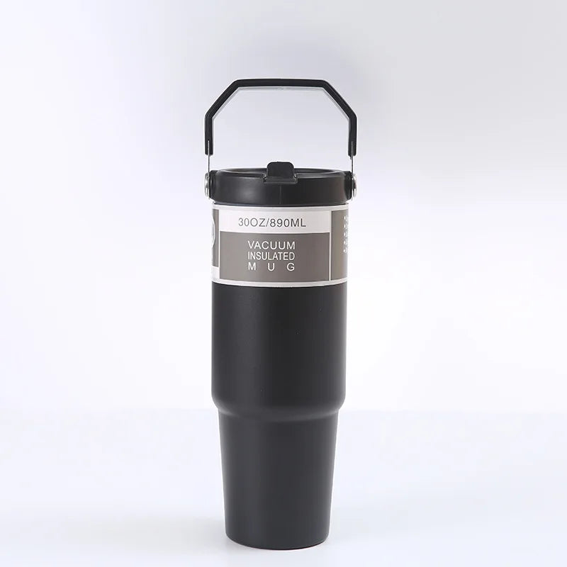 30OZ Portable Car Cup Stainless Steel Thermos Cup with Straw Travel Sports Water Bottle With Handle Cover Coffee Vacuum Flask Peaceful Pleasures Health and Wellness black 801-900ml