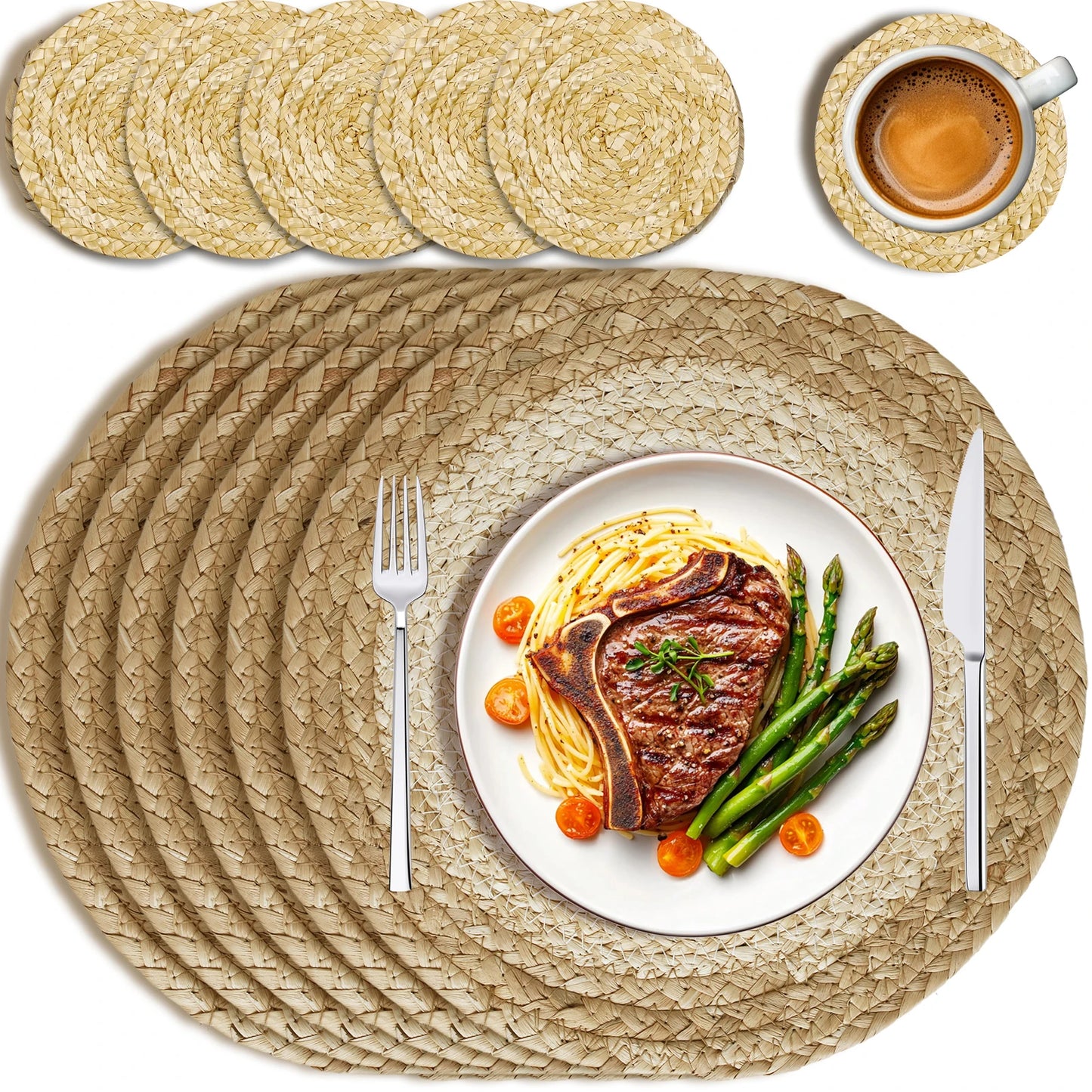 Set of 6 Round Braided Table Mat Washable Placemats Non Slip Heat Resistant for Kitchen Dining Tables Pad With 6Pc Cup Coasters Peaceful Pleasures Health and Wellness Water Hyacinth 30CM 6 Mats 6 Coaster