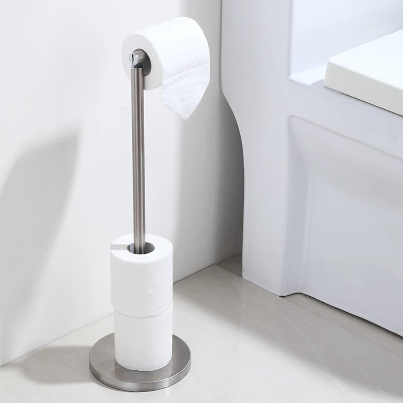Free Standing Toilet Paper Holder Rack with Storage | Brushed Steel