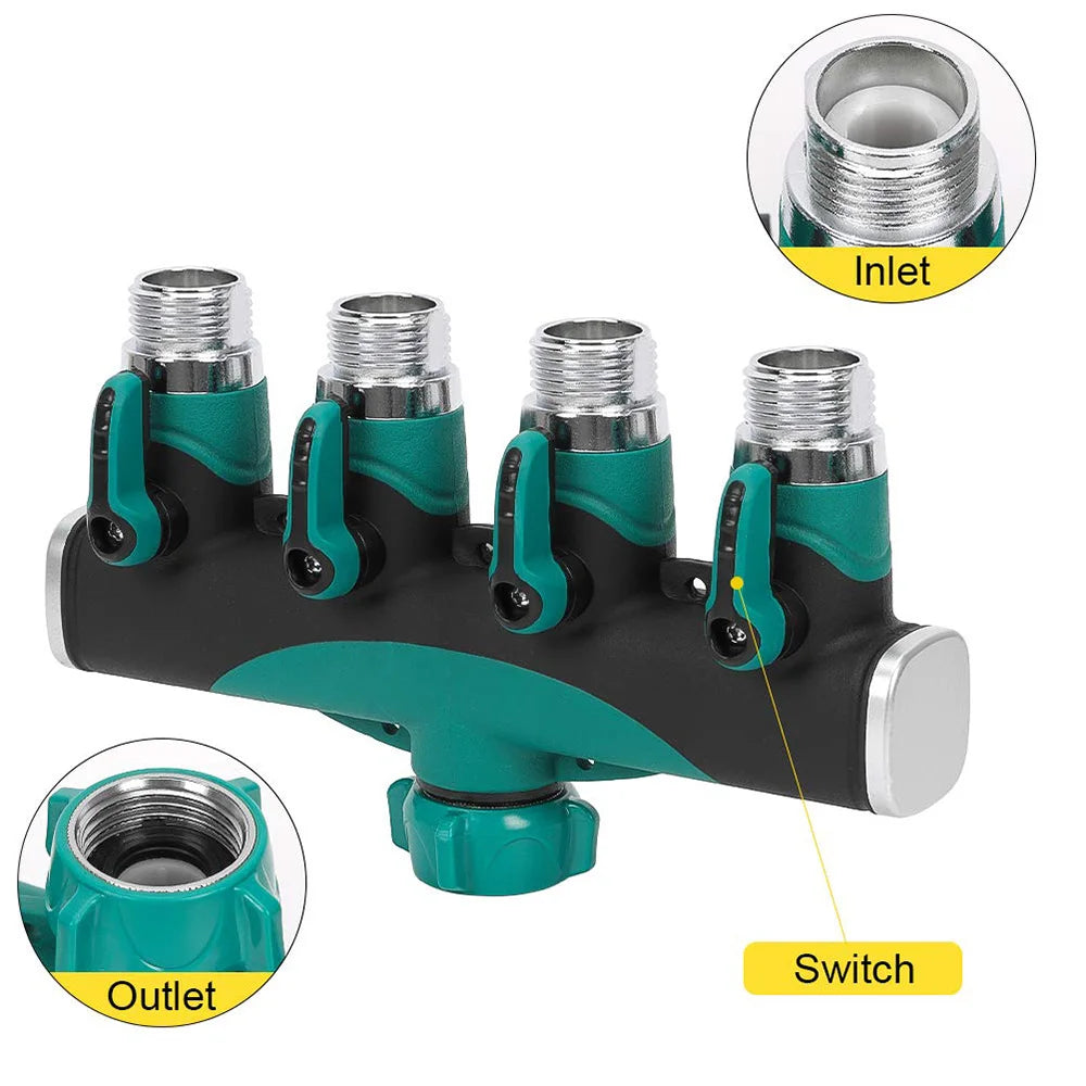 Heavy Duty Metal 4 Way 3/4'' Thread Faucet Splitters with Outdoor Water Tap Connectors Shut Off Valves for Garden Hose Adapter Peaceful Pleasures Health and Wellness