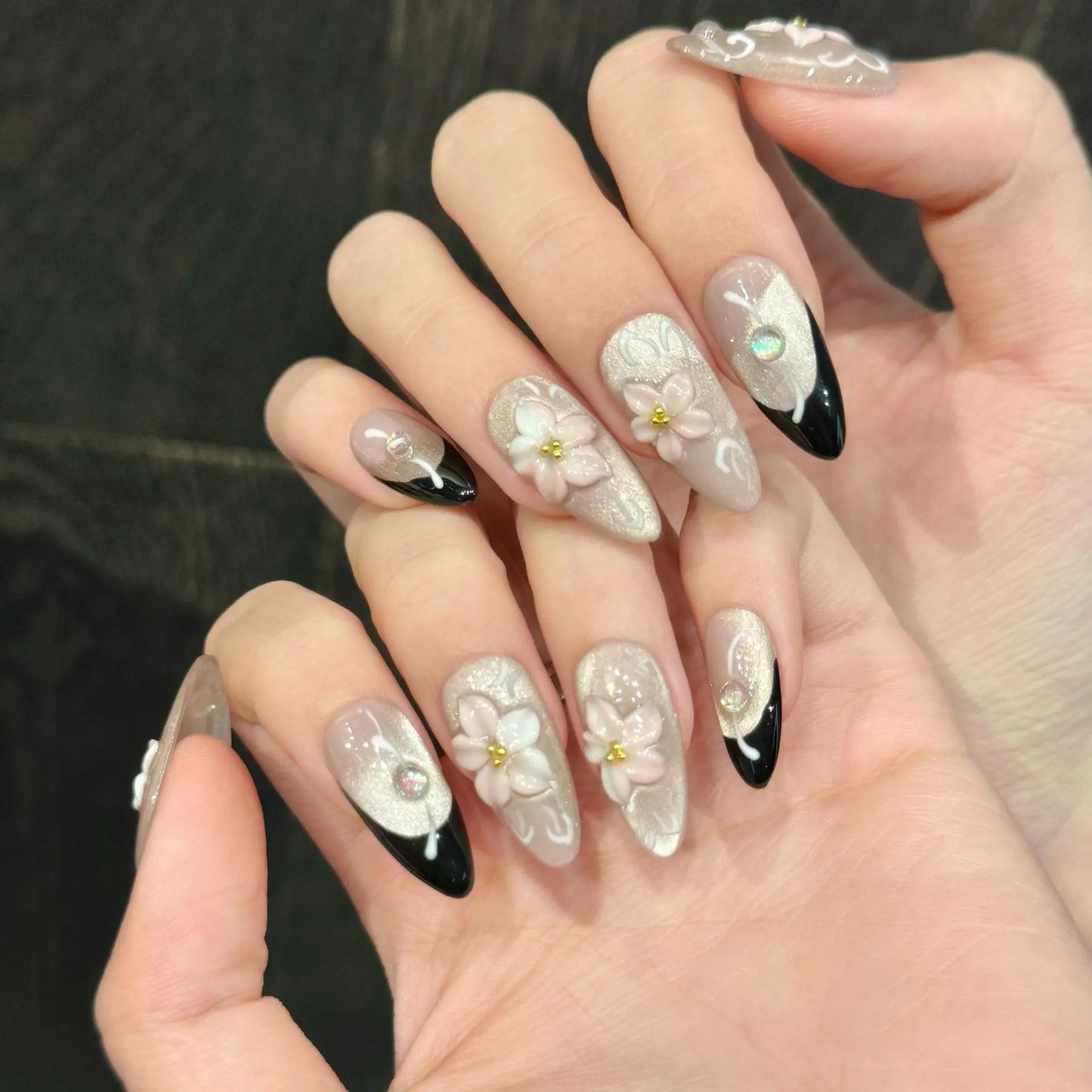 10pcs Handmade Korean Press on Nails Glitter Pink Flowers Decor Fake Nails Wedding Lady Wearable French Cat Eye False Nail Tips Peaceful Pleasures Health and Wellness
