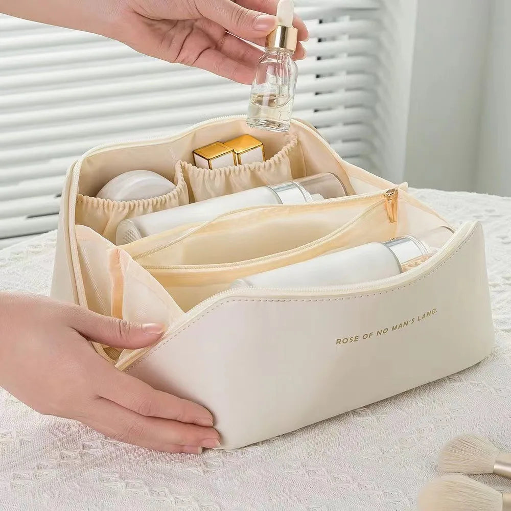 Large Travel Makeup Bag – Foldable PU Cosmetics Organizer