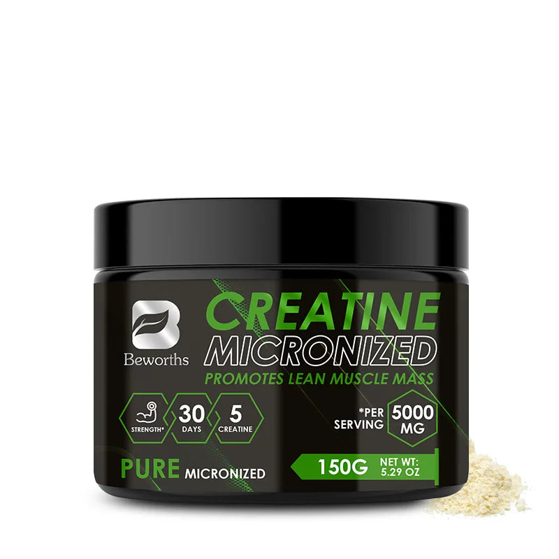 Black container of Beworths Creatine Micronized powder on a white background