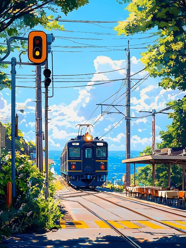 Japanese Anime Landscape Canvas Print | Tram Train Ocean Wall Art Canvas Wall Art Print Peaceful Pleasures Health and Wellness