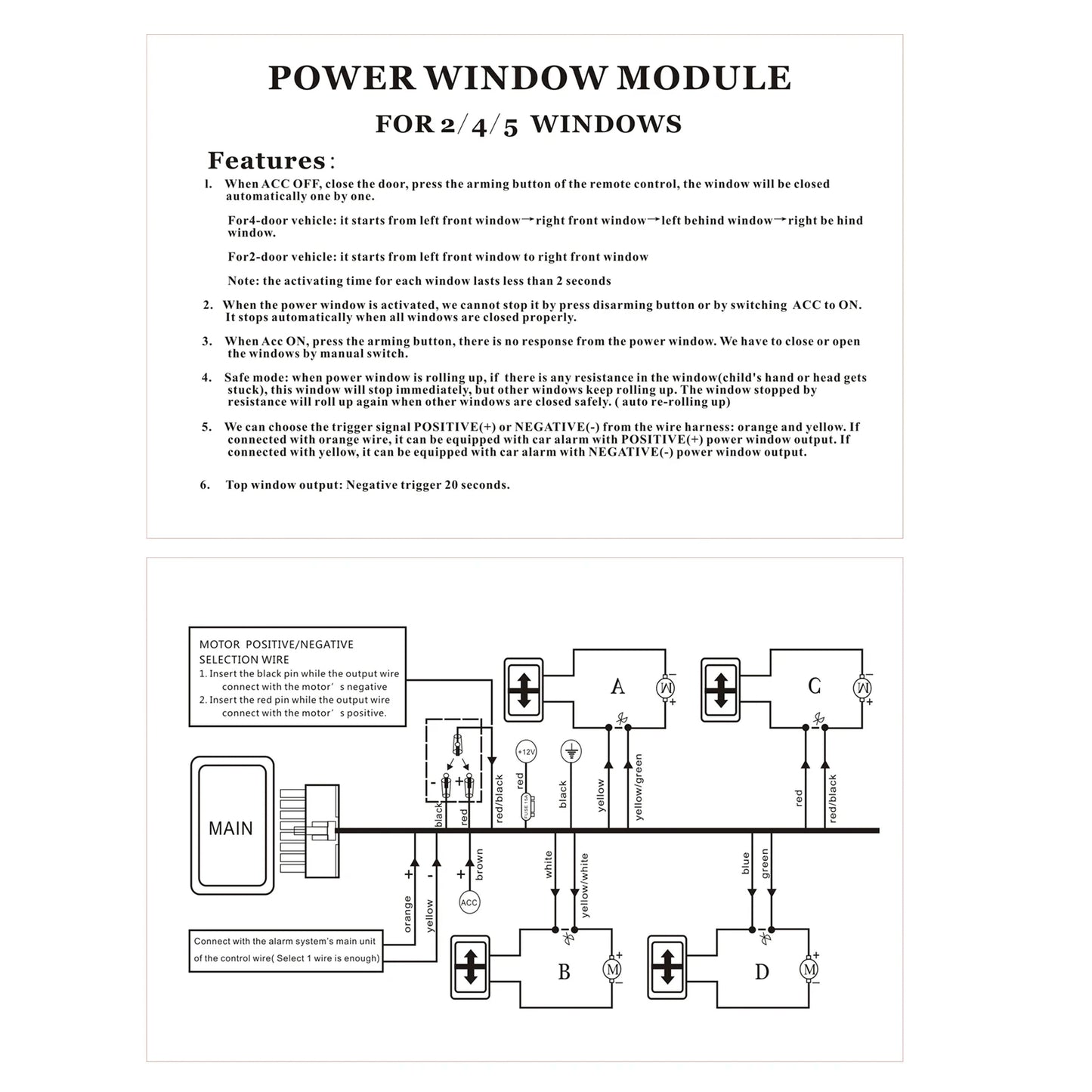 12V Power Window Closer Module for 4-Door Cars + Wiring