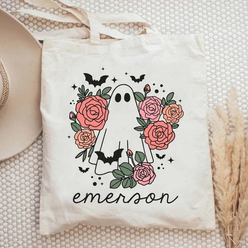 Personalized Ghost Flower Canvas Tote | Kids Halloween Candy Bag Personalized Tote Bag Peaceful Pleasures Health and Wellness