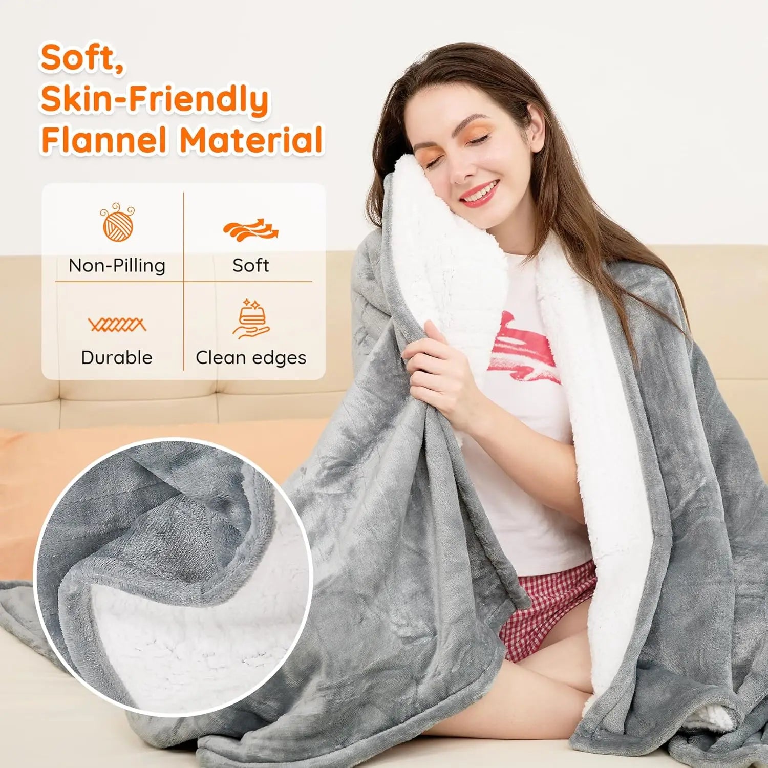 Woman wrapped in a gray blanket with text about soft, skin-friendly flannel material.