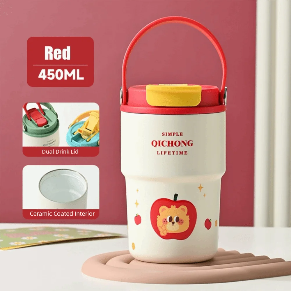 New Ceramic Liner Insulated Cup 450ML Handle Vacuum Mug Double drinking straw Water Bottle Gifts Peaceful Pleasures Health and Wellness Red-450ml <50ml
