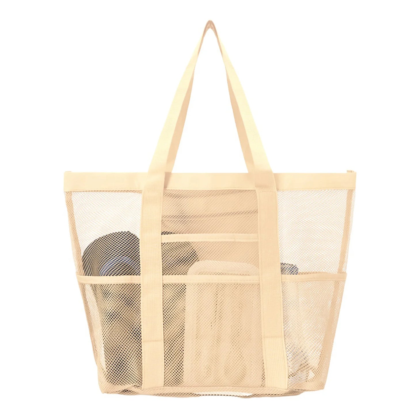 Mesh Beach Bags Beach Tote Bag With Multi Pockets Large Capacity Travel Tote Handbag Swim Pool Bag Multifunctional Storage Bag Peaceful Pleasures Health and Wellness Little Khaki