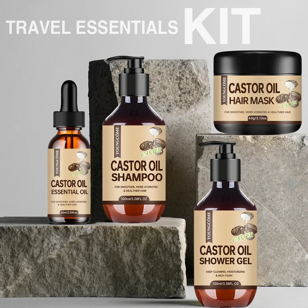 Castor Oil Hair Care Set – Shampoo, Oil, Mask & Shower Gel | 4-Pc