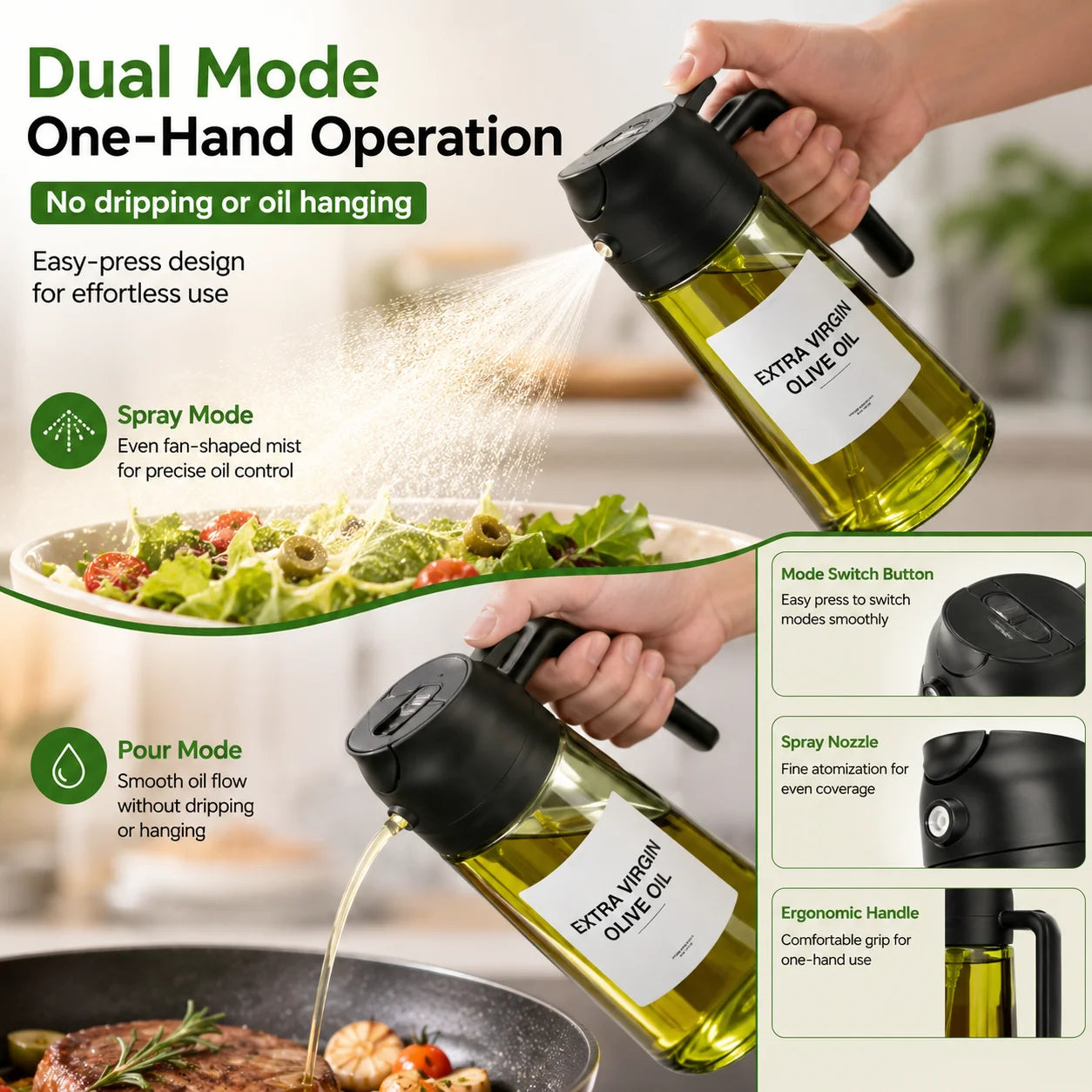 2-in-1 16oz 470ml Brown Glass Oil Sprayer Leakproof Eco-Friendly Olive OilDispenser Perfect for Cooking BBQ Grill Air Fryer Peaceful Pleasures Health and Wellness