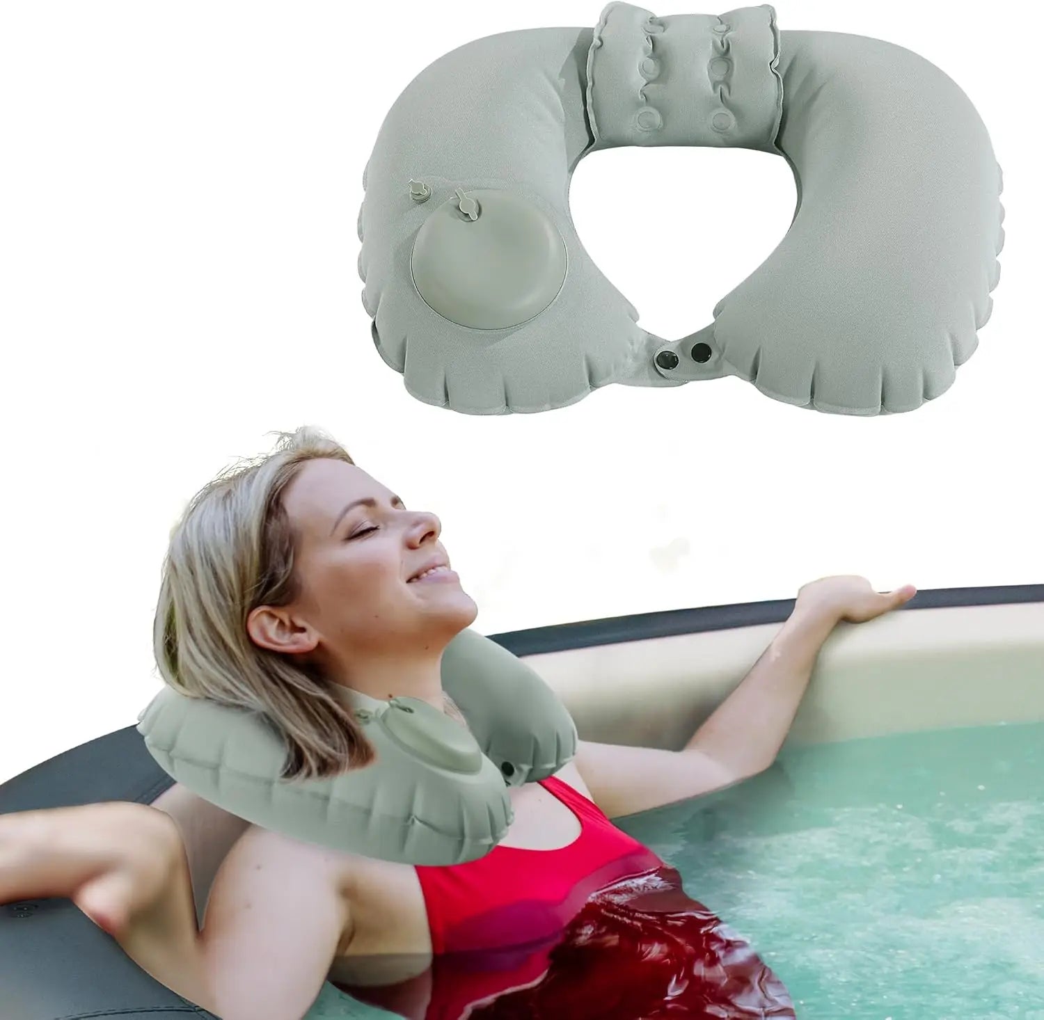 Inflatable neck pillow being used by a woman in a hot tub.
