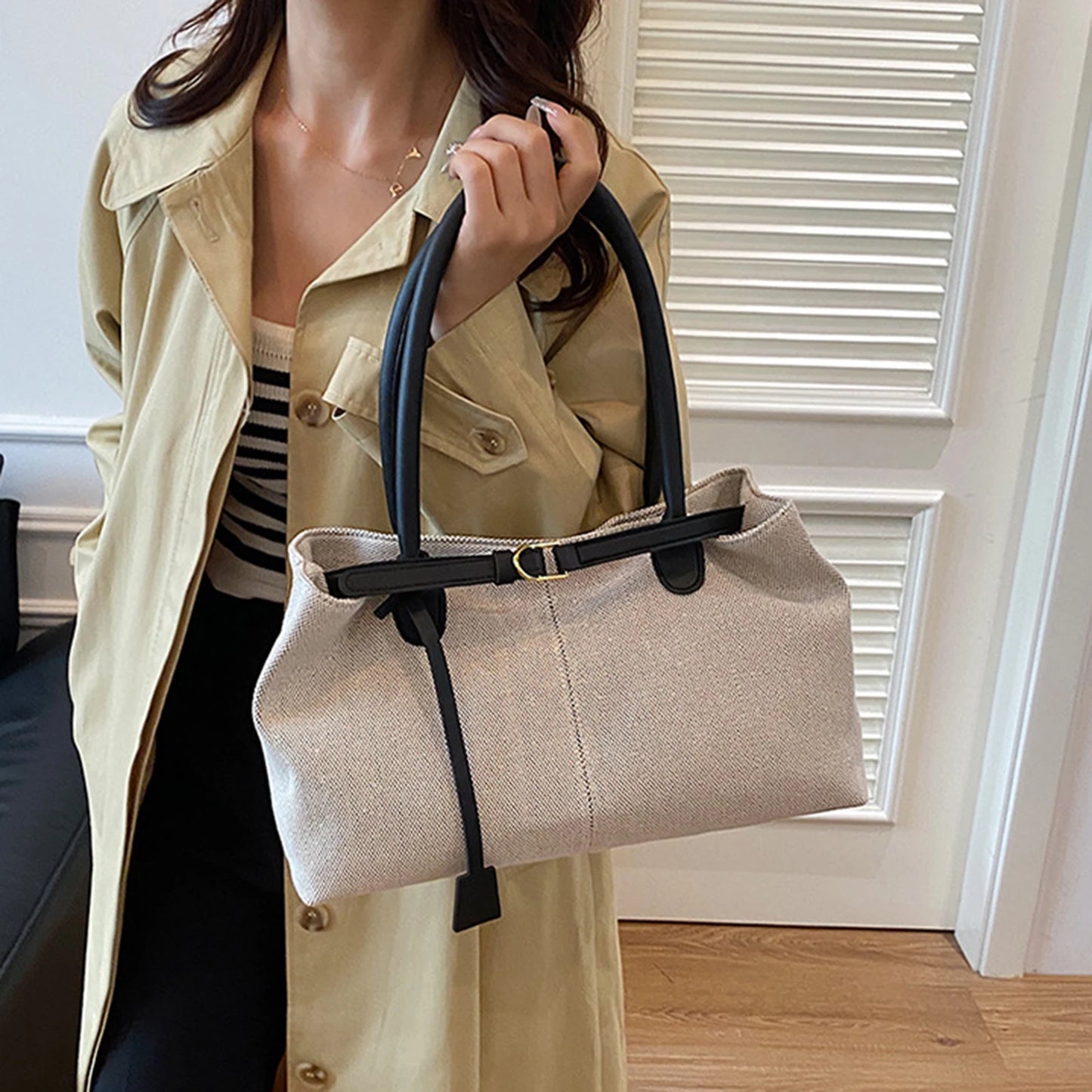 Women's Retro Tote Bag Large Capacity Shoulder Bag Korean Style Durable Polyester Fabric Peaceful Pleasures Health and Wellness