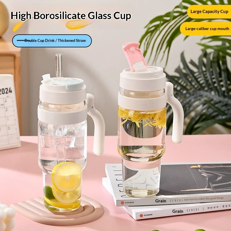 1000ml Cross Border Popular Large Capacity Flower Tea Cup, Straw Glass Cup, High Borosilicate Car Ice Cream Cup Peaceful Pleasures Health and Wellness