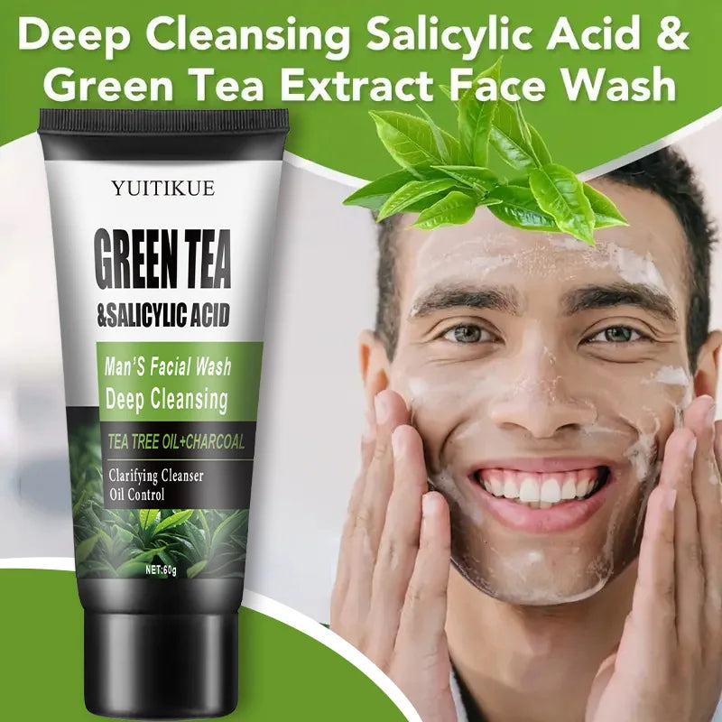 YUITIKUE Men's Facial Wash 60g - Green Tea & Salicylic Acid, Deep Cleansing, Oil Control, Tea Tree & Charcoal, For Men Peaceful Pleasures Health and Wellness