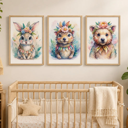 Woodland Animal Floral Wreath Canvas Print | Nursery Wall Art Canvas Wall Art Print Peaceful Pleasures Health and Wellness