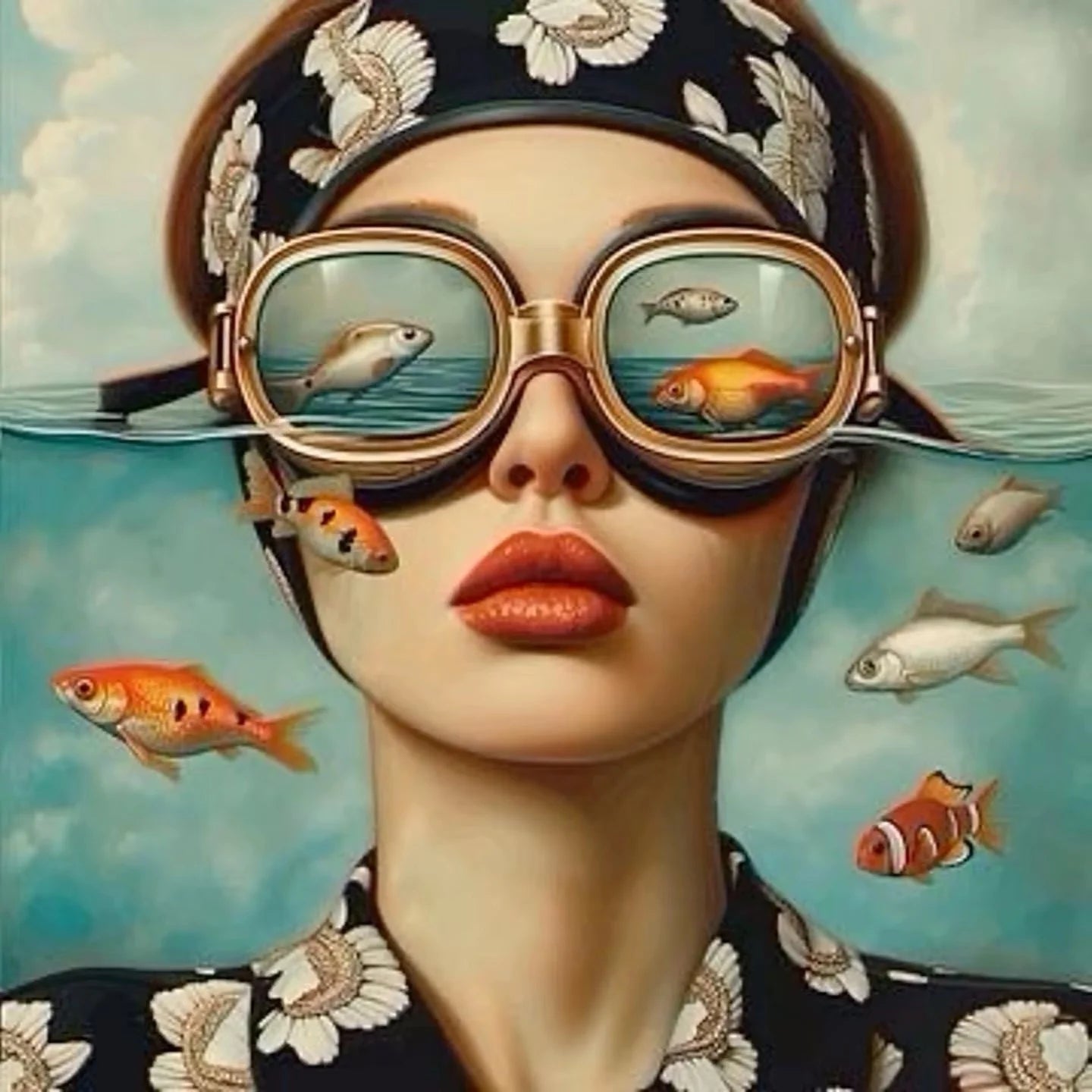 Surrealism Woman & Fish Canvas Wall Art | Fantasy Portrait Print