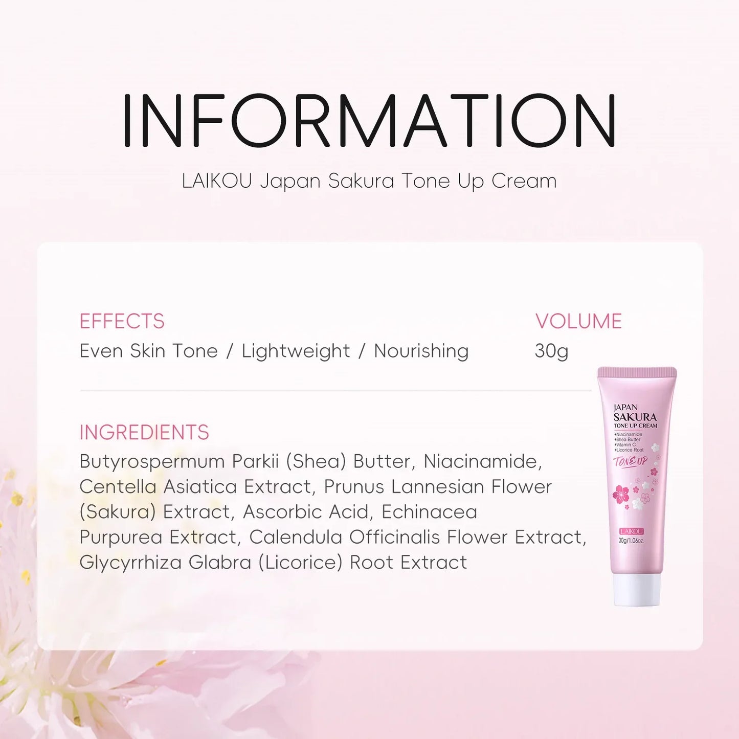 LAIKOU Sakura Tone-Up Cream – Brighten & Moisturize 30g Peaceful Pleasures Health and Wellness