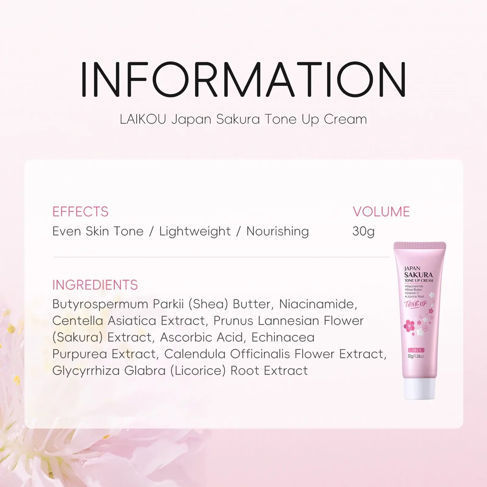 LAIKOU Sakura Tone-Up Cream – Brighten & Moisturize 30g Peaceful Pleasures Health and Wellness