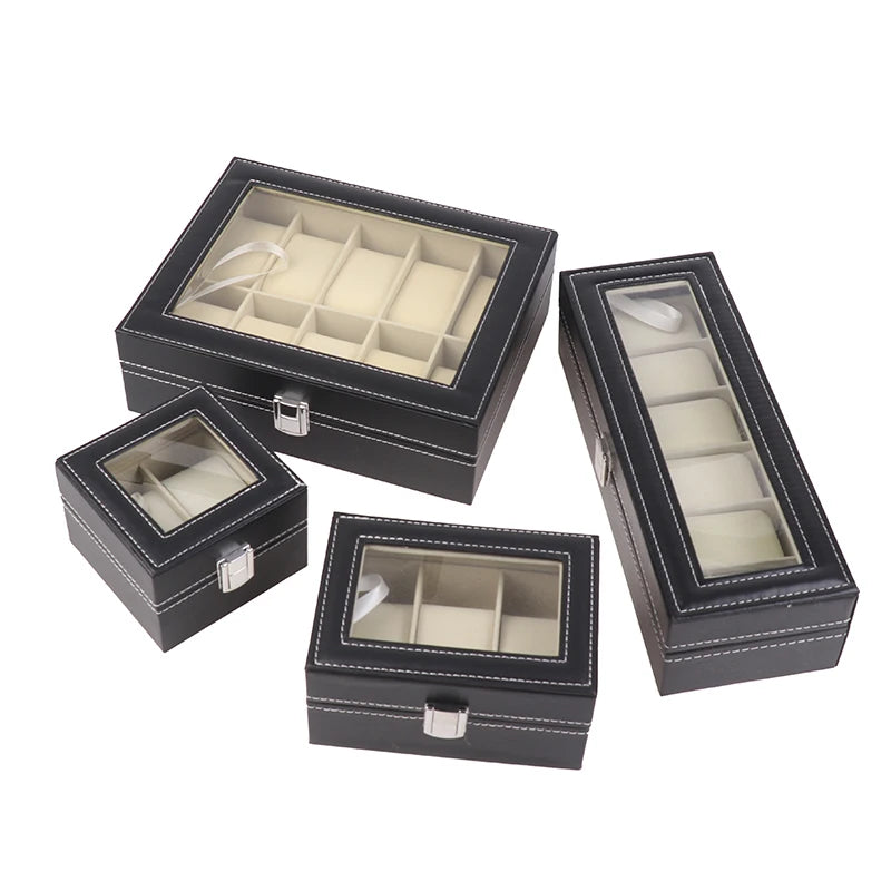 Watch Box Glass Lid Detachable Black PU Leather Watch Box Display Case Organizer With Framed Glass Lid And Removable Pillow Peaceful Pleasures Health and Wellness