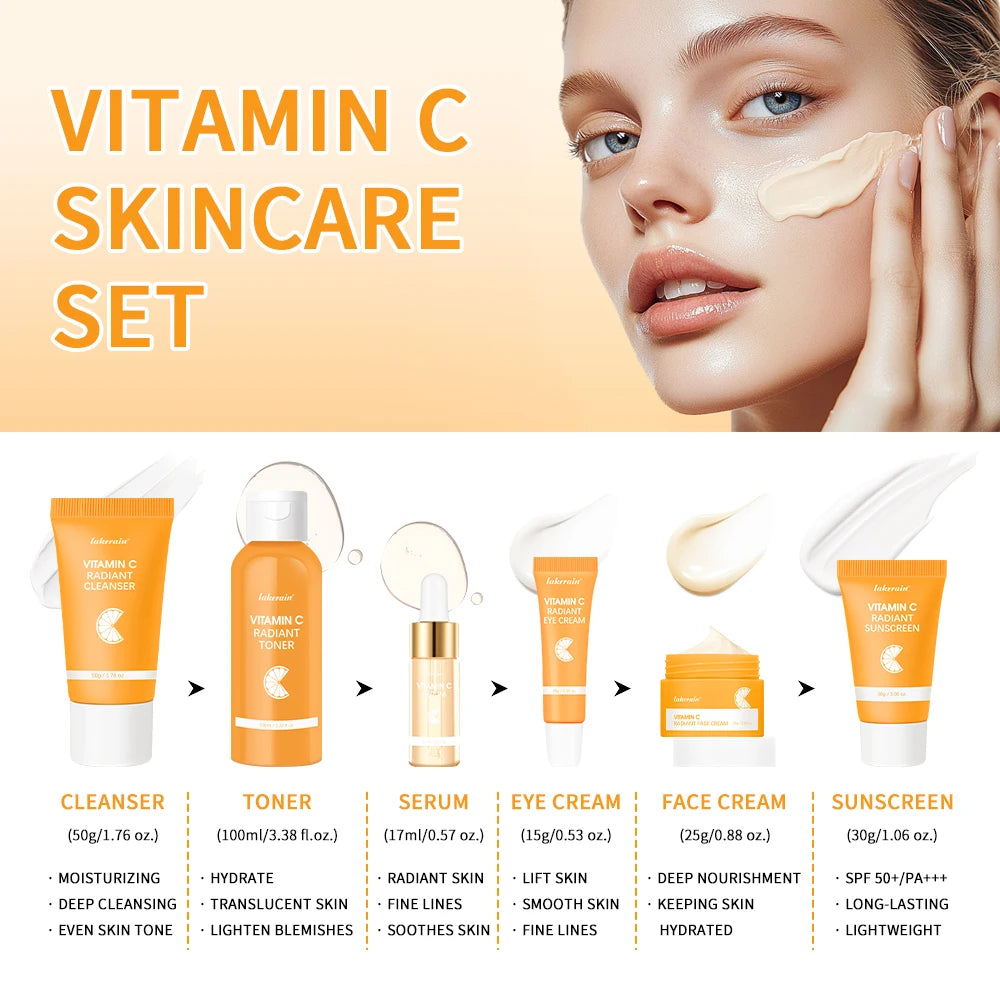 6pcs/set Vitamin C Skin Care Set Deep Cleansing Facial Cleanser Face Cream Moisturizing Anti Wrinkles Face Care Kit Gift Box Peaceful Pleasures Health and Wellness