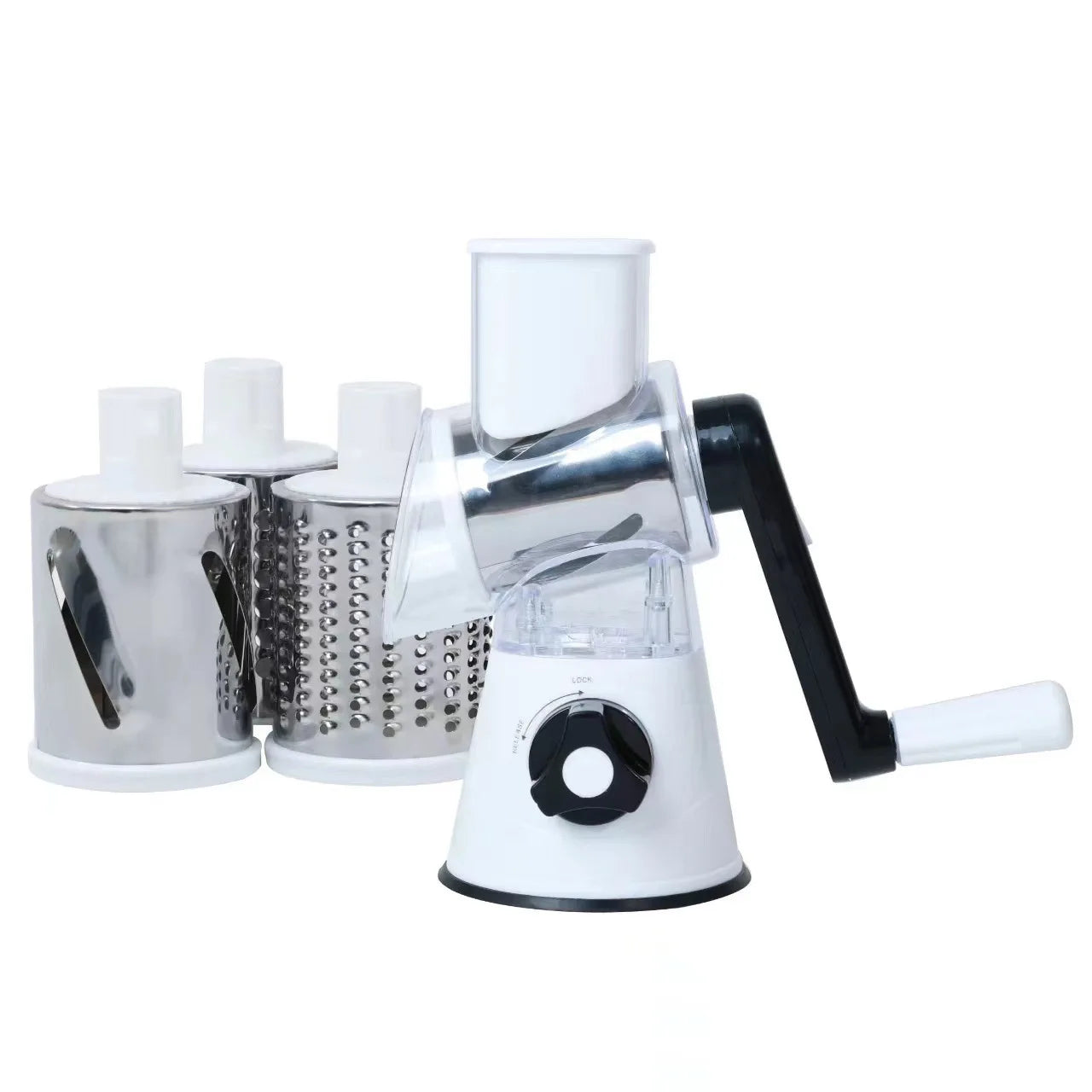 Vegetable Cutter & Slicer Manual Kitchen Cheese Chopper Machine With 3 Sharp Drums Multifunctional Garlic Potato Shredder Peaceful Pleasures Health and Wellness white