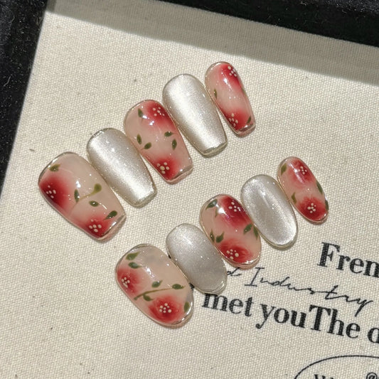 Handmade Press on Nails Sweet Cherry Pink Blush Style Fake Nail Tips for Girl Wearable Spring Ins Fresh Korean Cute False Nails Peaceful Pleasures Health and Wellness