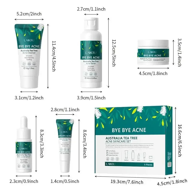 LAIKOU Tea Tree Skincare Set – 5pc Cleanser Toner Serum Cream Gel