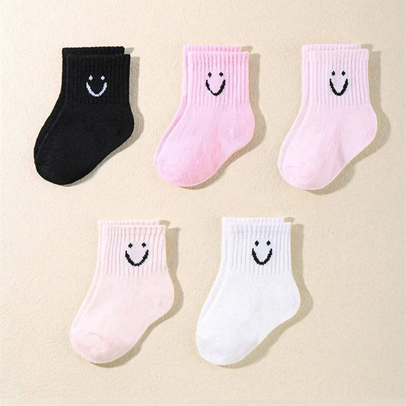 10 pairs of cute solid-color smiling face pattern children's mid-calf socks, suitable for boys and girls socks Peaceful Pleasures Health and Wellness
