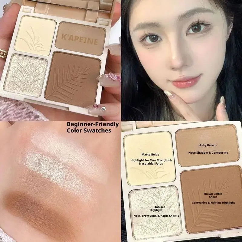 4-Colors Highlight & Contour Palette with Mirror Matte Highlighter Contour Natural Glow Contour Powder Face Makeup for Beginners Peaceful Pleasures Health and Wellness